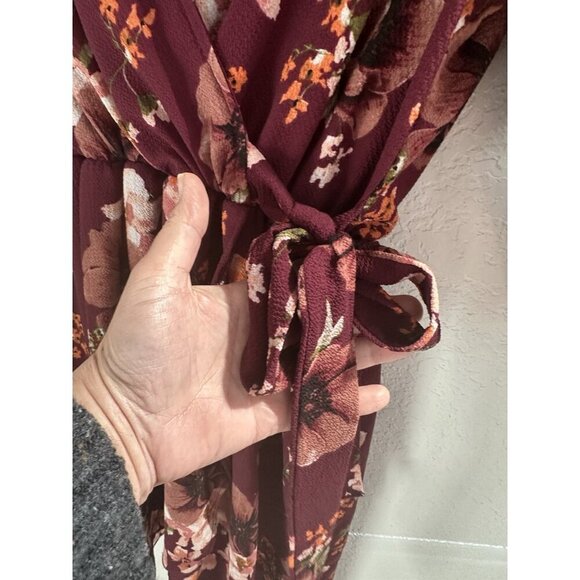 Scobe Womens Faux Wrap Dress L Wine Floral Balloon Sleeve Fairygoth Whimsygoth - Picture 2 of 11